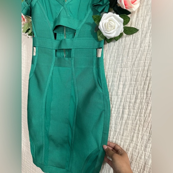 House of CB CALTINA' TEAL BANDAGE AND MESH DRESS WITH BARDOT NECKLINE - Picture 7 of 10